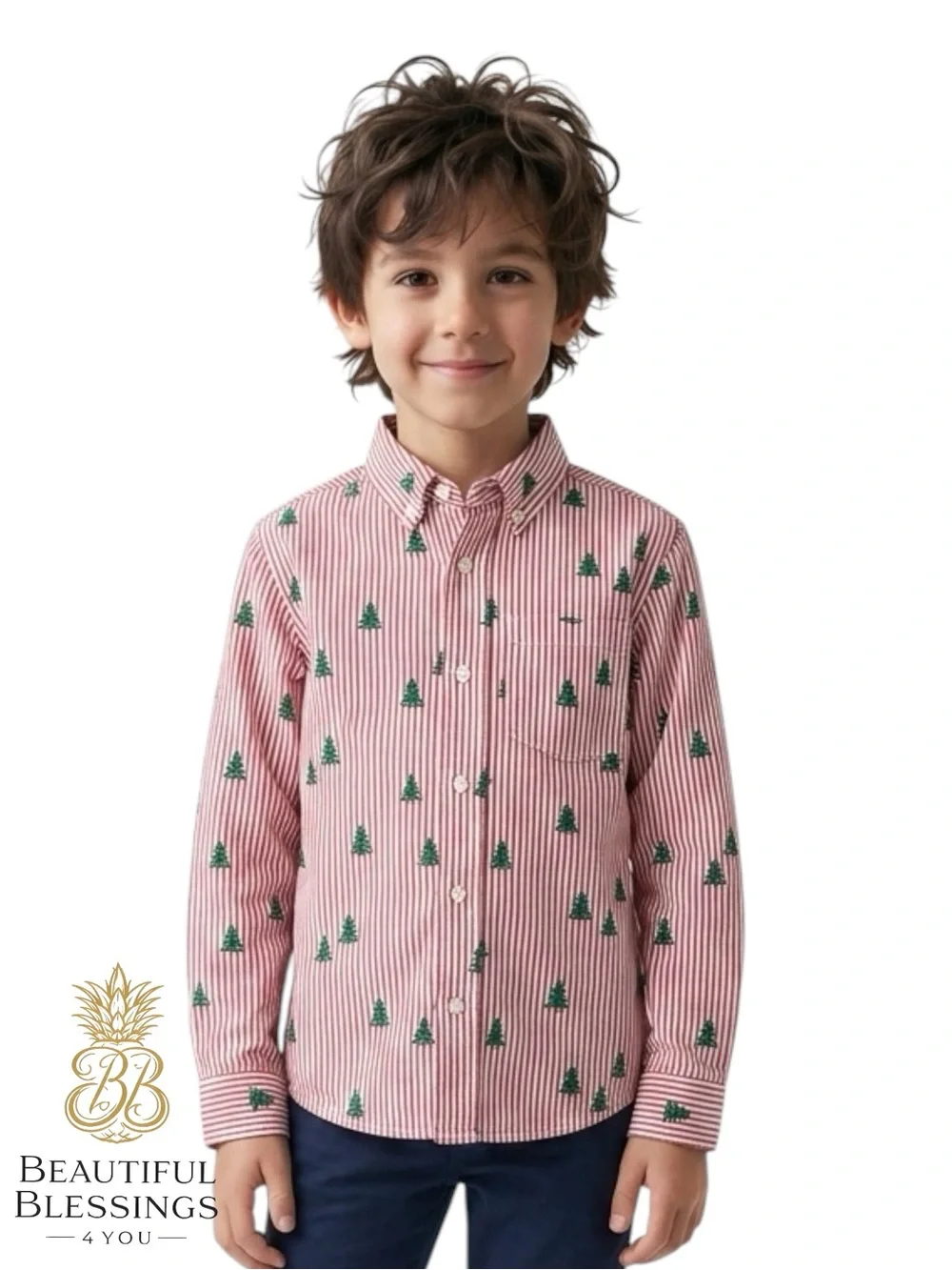 The Children’s Place Christmas Tree Button Up Shirt Toddler Boys 2T Striped